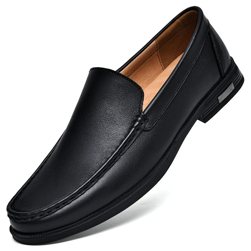 Men's Soft Cowhide Leather Slip-On Loafers with Topstitching - Low Block Heel - Smart Casual Style