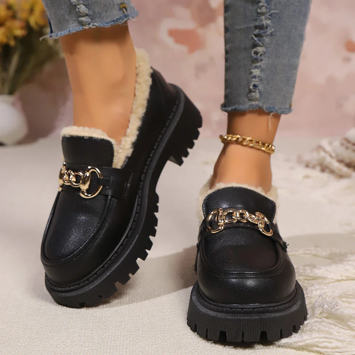 Women’s Platform Loafers – Chunky Sole Slip On Shoes with Chain Detail and Sherpa Lining