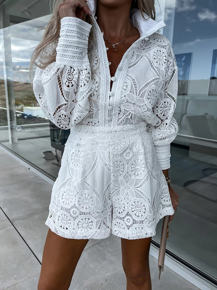 Women's Lace Two Piece Set - Long Sleeve Top and Shorts Broderie