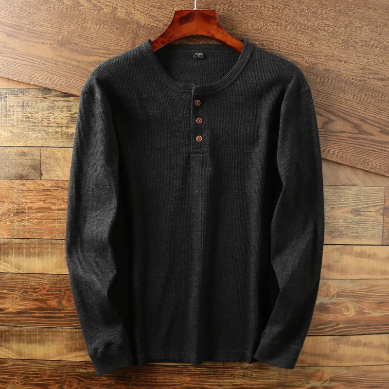 Men’s Long Sleeve Henley Shirt - Crew Neck Button Placket Knit Top