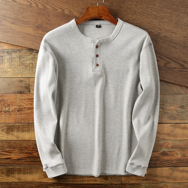 Men’s Long Sleeve Henley Shirt - Crew Neck Button Placket Knit Top
