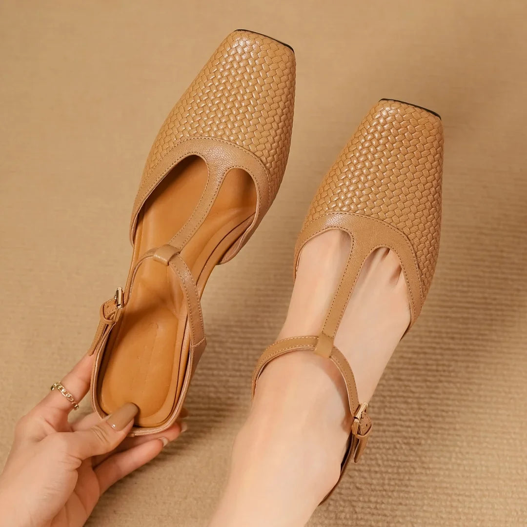 Women’s Square Toe T-Bar Sandals – Textured Upper with Block Heel