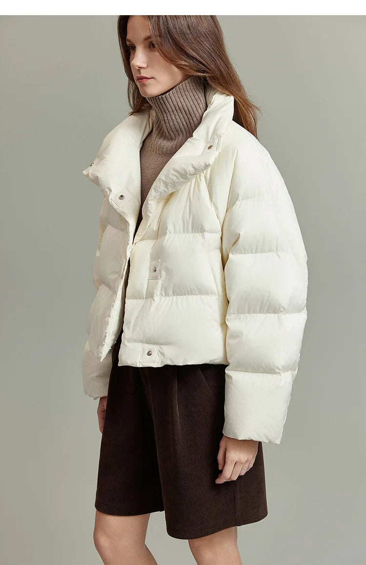 Women’s Cropped Quilted Puffer Jacket with High Neck and Front Button Closure