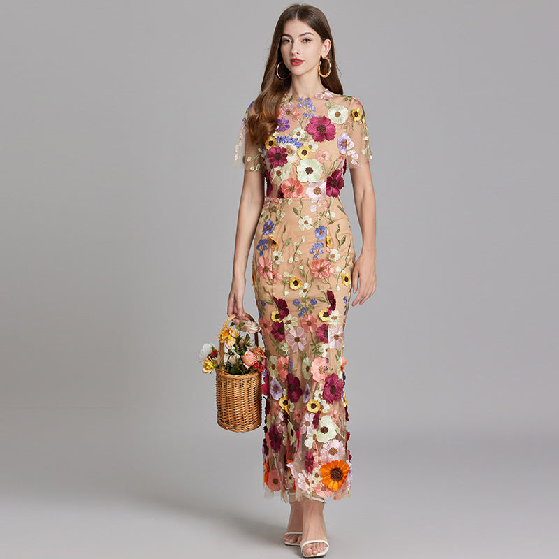 Women's Floral Midi Dress - 3D Applique High Neck Short Sleeve