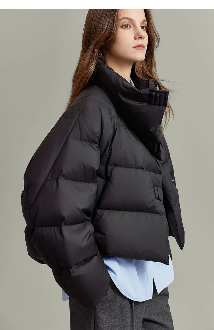 Women’s Cropped Quilted Puffer Jacket with High Neck and Front Button Closure