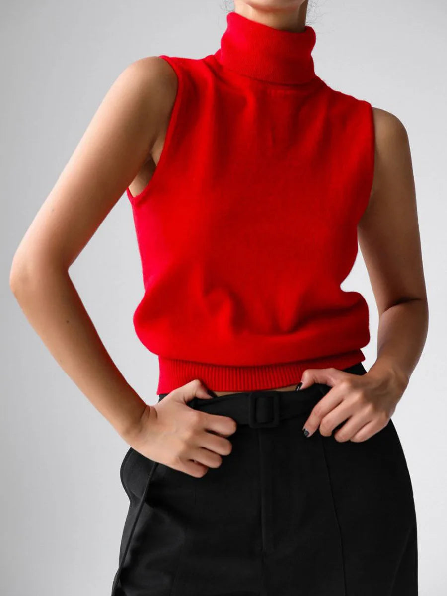 Women’s Sleeveless High Neck Knitted Vest with Ribbed Hem and Fitted Silhouette