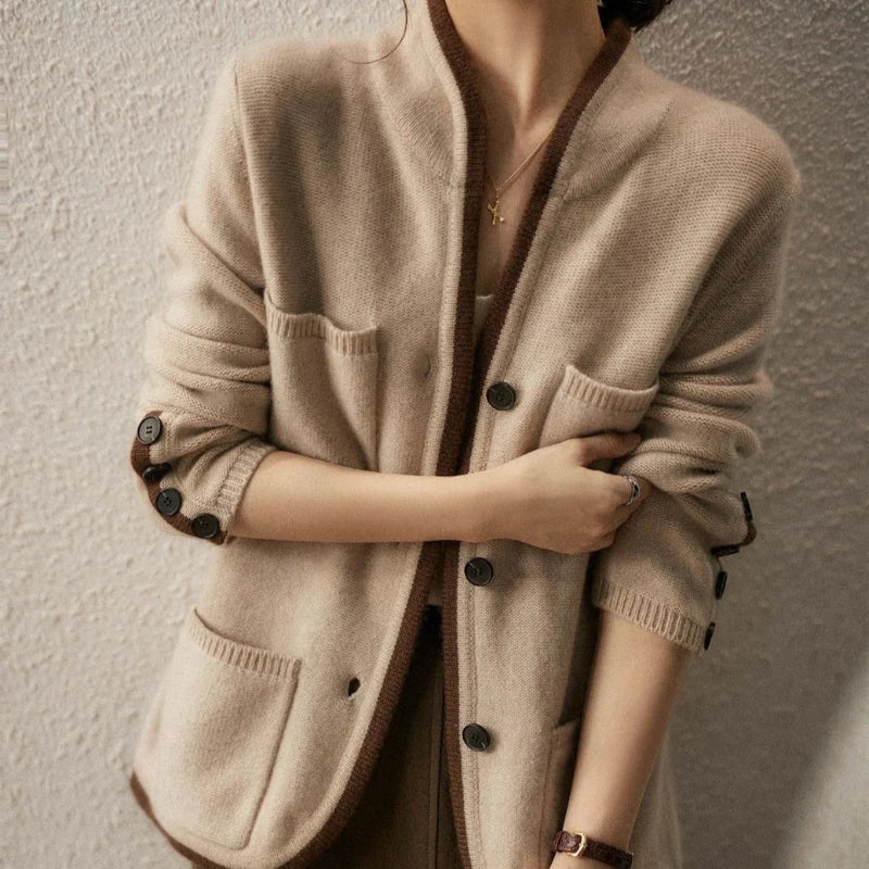 Women’s Button Front Cardigan – Long Sleeve Knit Sweater Coat with Contrast Trim and Patch Pockets