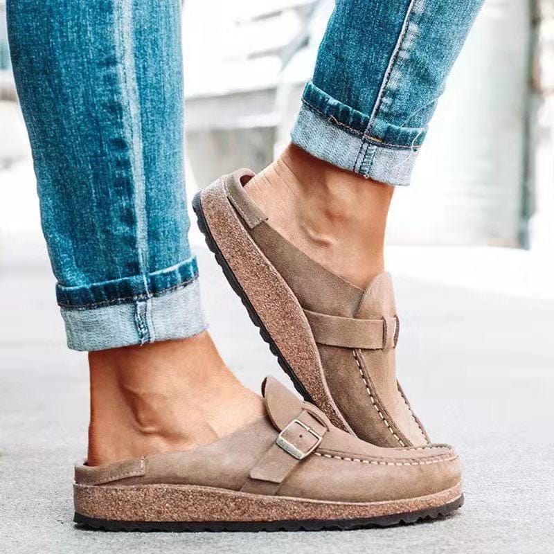 Women's Orthopedic Suede Clogs - Buckle Strap Cork Sole Mules