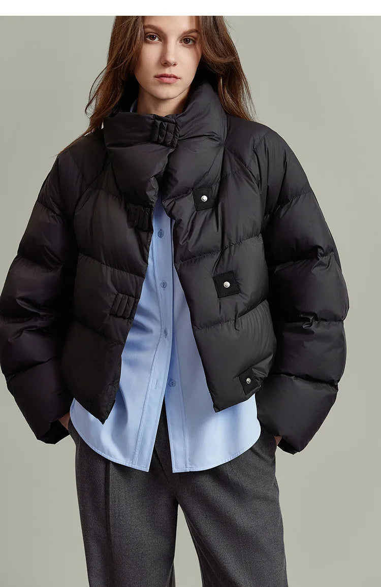 Women’s Cropped Quilted Puffer Jacket with High Neck and Front Button Closure