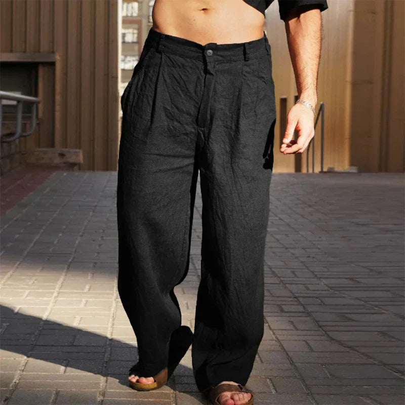 Men's Linen Pants - Pleated Wide Leg Full Length Style