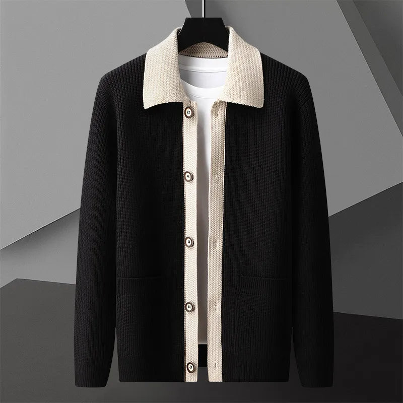 Men's Knit Cardigan - Contrast Collar Button-Up Long Sleeve
