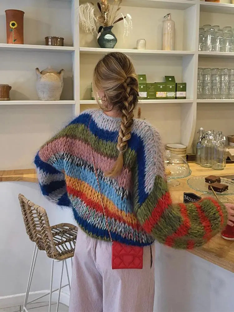 Women's Chunky Knit Jumper - Oversized - Multicolour Stripe - Crew Neck - Batwing Sleeve