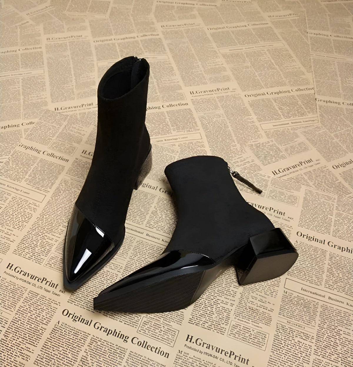 Women's Ankle Boots - Pointed Patent Toe Cap - Block Heel - Back Zip - Stretch Shaft