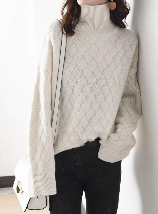 Women's Polo Neck Jumper - Diamond Cable Knit - Oversized Fit