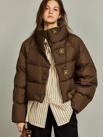 Women’s Cropped Quilted Puffer Jacket with High Neck and Front Button Closure