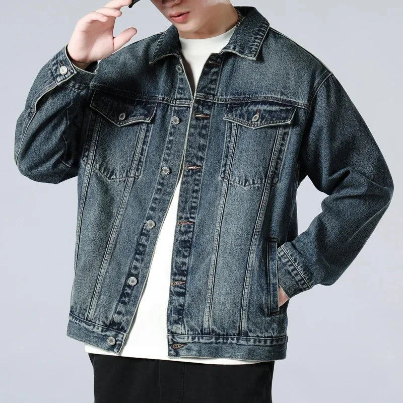 Men's Denim Long Sleeve Button Front Collar Jacket