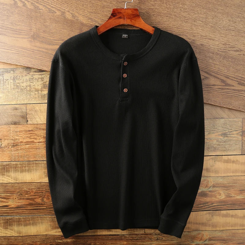 Men’s Long Sleeve Henley Shirt - Crew Neck Button Placket Knit Top