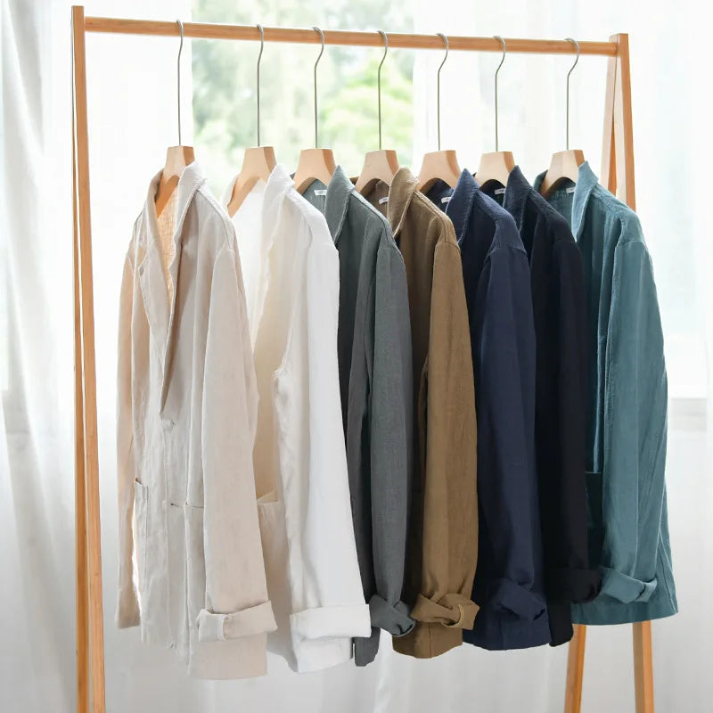 Men's Linen Blazer - Notch Lapel Single-Breasted Long Sleeve