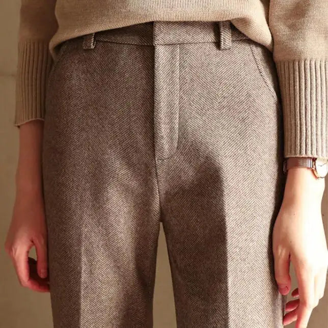 Women's High-Waisted Straight Leg Pants with Belt Loops and Front Seam Detail