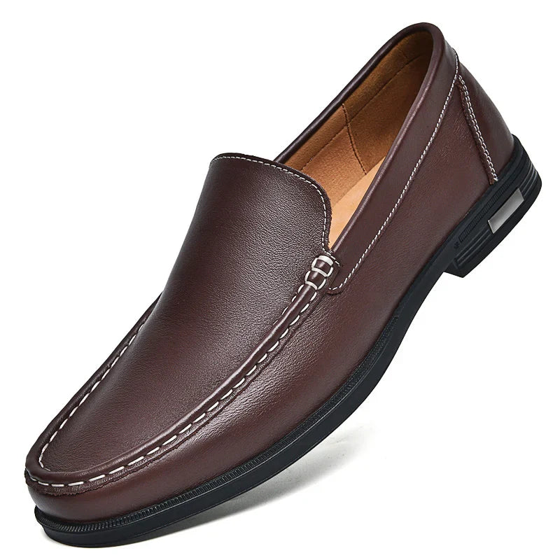 Men's Soft Cowhide Leather Slip-On Loafers with Topstitching - Low Block Heel - Smart Casual Style