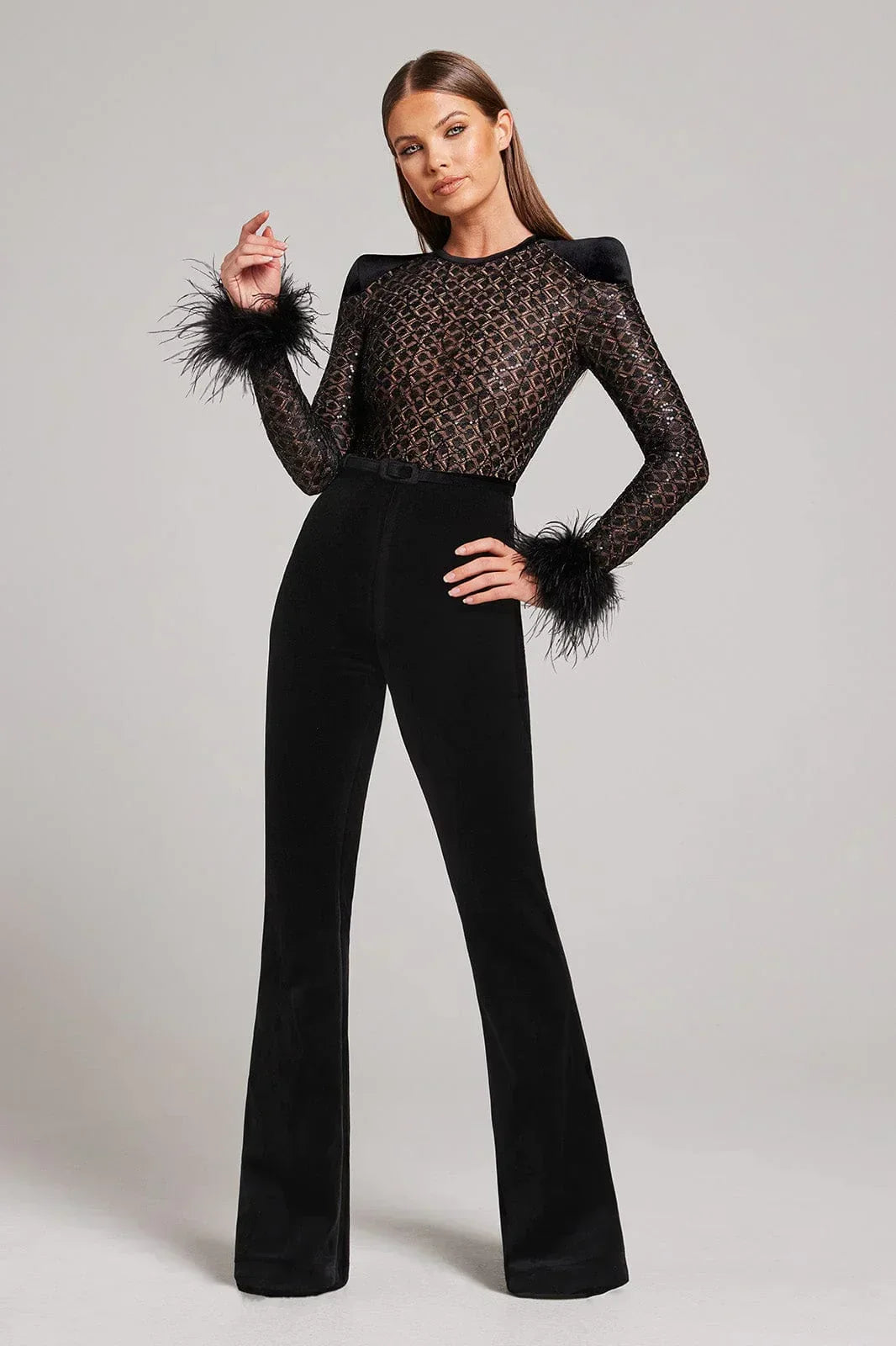 Women's Black Jumpsuit - Sequin Lace Bodice Feather Cuff Flared Leg