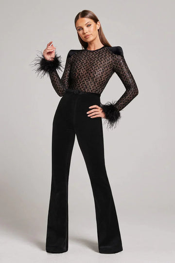 Women's Black Jumpsuit - Sequin Lace Bodice Feather Cuff Flared Leg