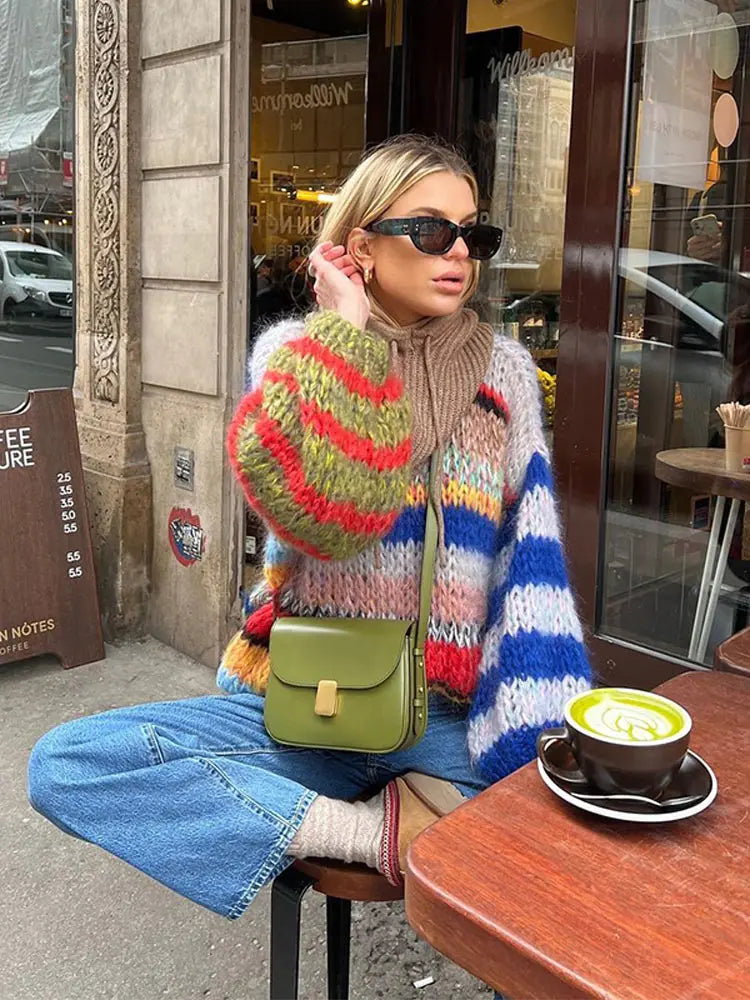 Women's Chunky Knit Jumper - Oversized - Multicolour Stripe - Crew Neck - Batwing Sleeve