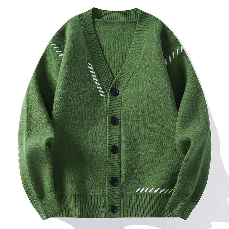 Men's Cardigan - V-Neck Button Front Knit with Contrast Stitch Detail
