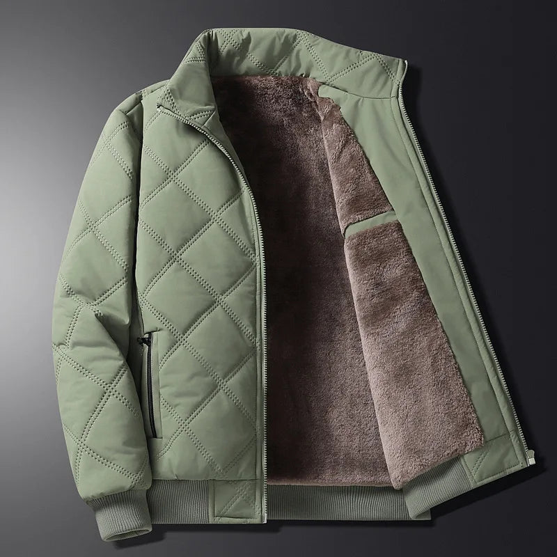 Men's Quilted Zip-Up Jacket with Stand Collar - Fleece Lined - Zip Pockets - Winter Style