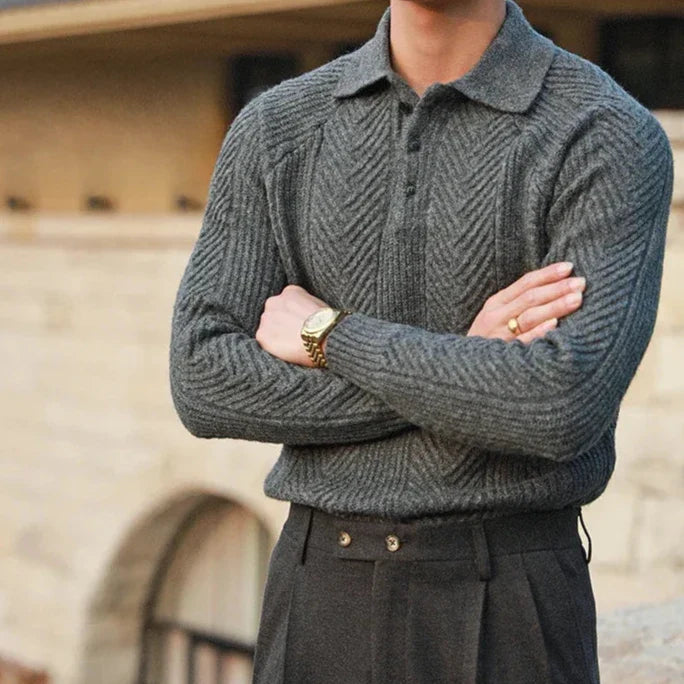 Men’s Knitted Polo Sweater with Button Placket - Long Sleeve Textured Knit Top