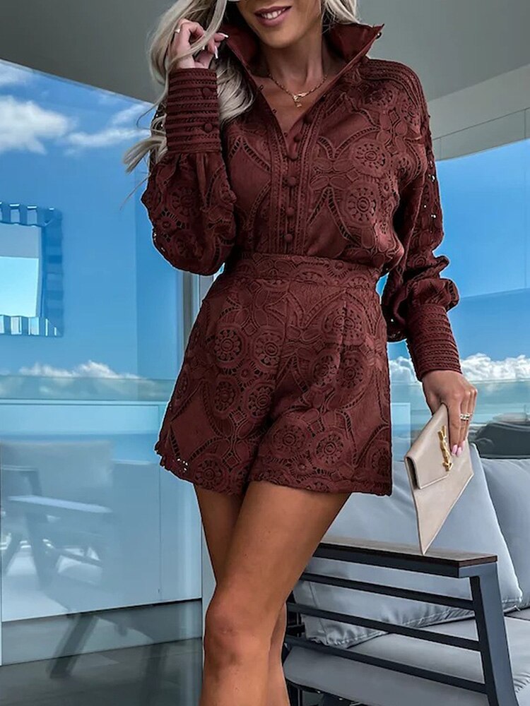 Women's Lace Two Piece Set - Long Sleeve Top and Shorts Broderie
