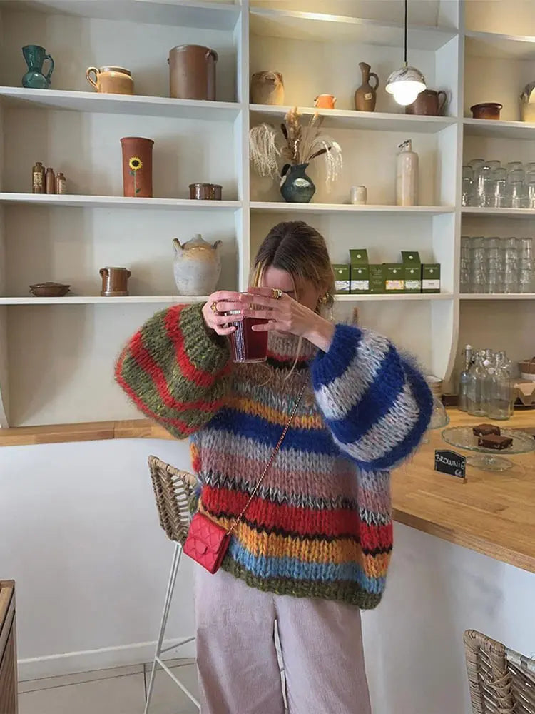 Women's Chunky Knit Jumper - Oversized - Multicolour Stripe - Crew Neck - Batwing Sleeve