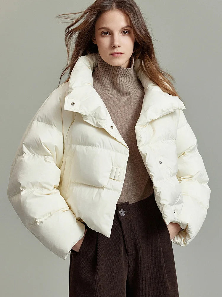 Women’s Cropped Quilted Puffer Jacket with High Neck and Front Button Closure