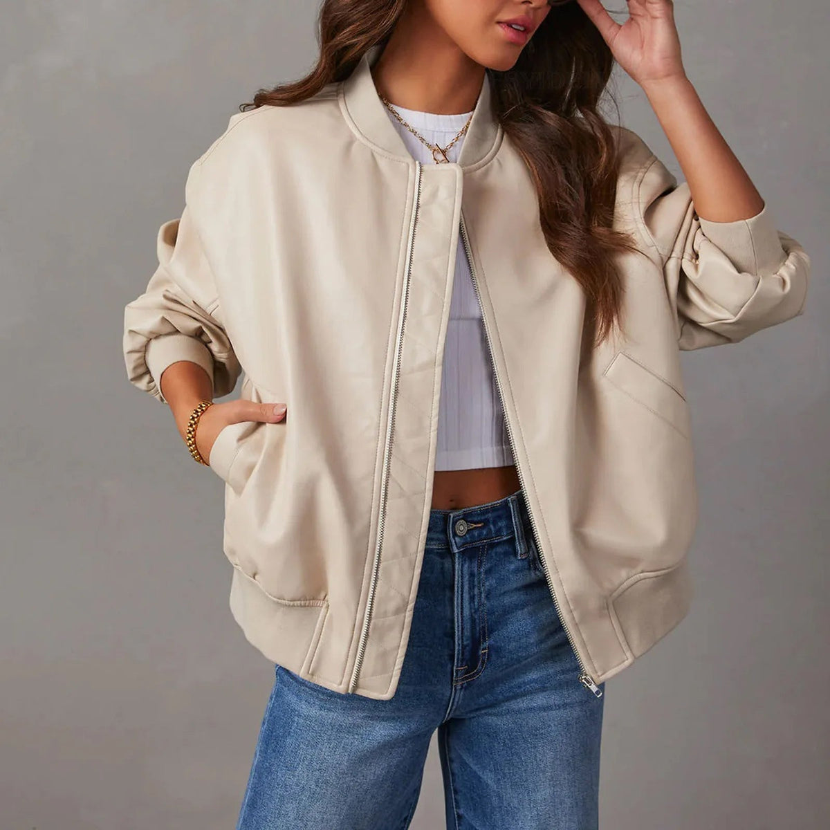 Women's Cropped Bomber Jacket - Zip-Up Stand Collar with Ribbed Cuffs and Hem Band