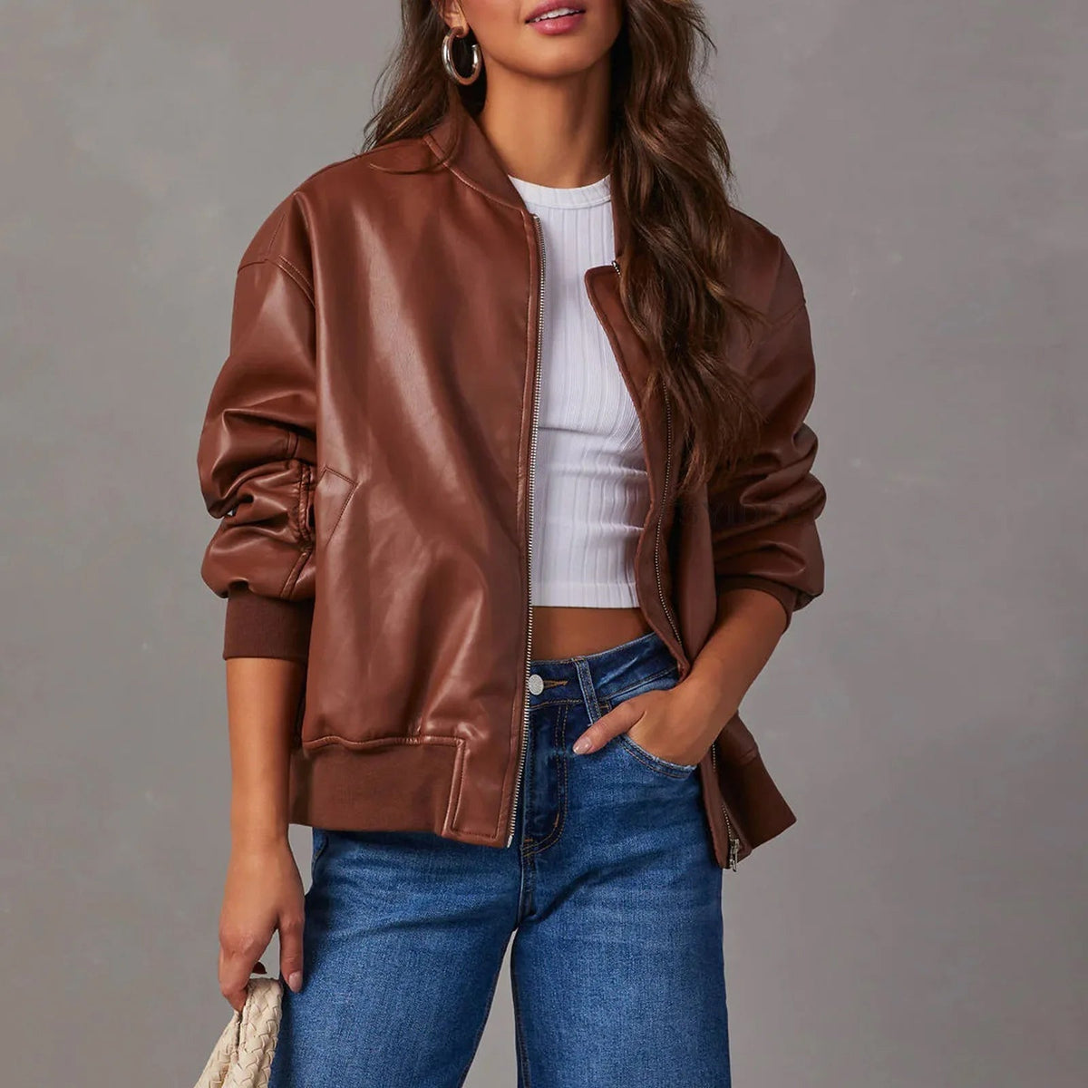 Women's Cropped Bomber Jacket - Zip-Up Stand Collar with Ribbed Cuffs and Hem Band
