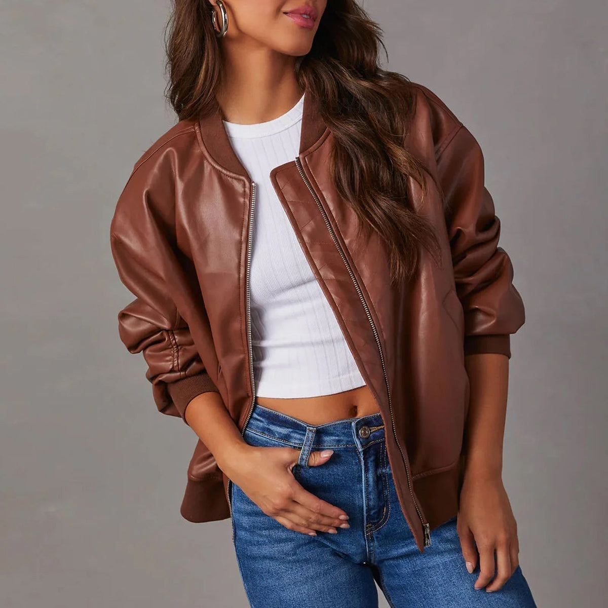 Women's Cropped Bomber Jacket - Zip-Up Stand Collar with Ribbed Cuffs and Hem Band