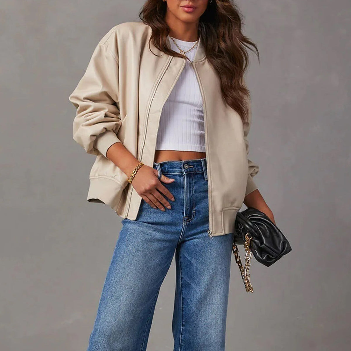 Women's Cropped Bomber Jacket - Zip-Up Stand Collar with Ribbed Cuffs and Hem Band