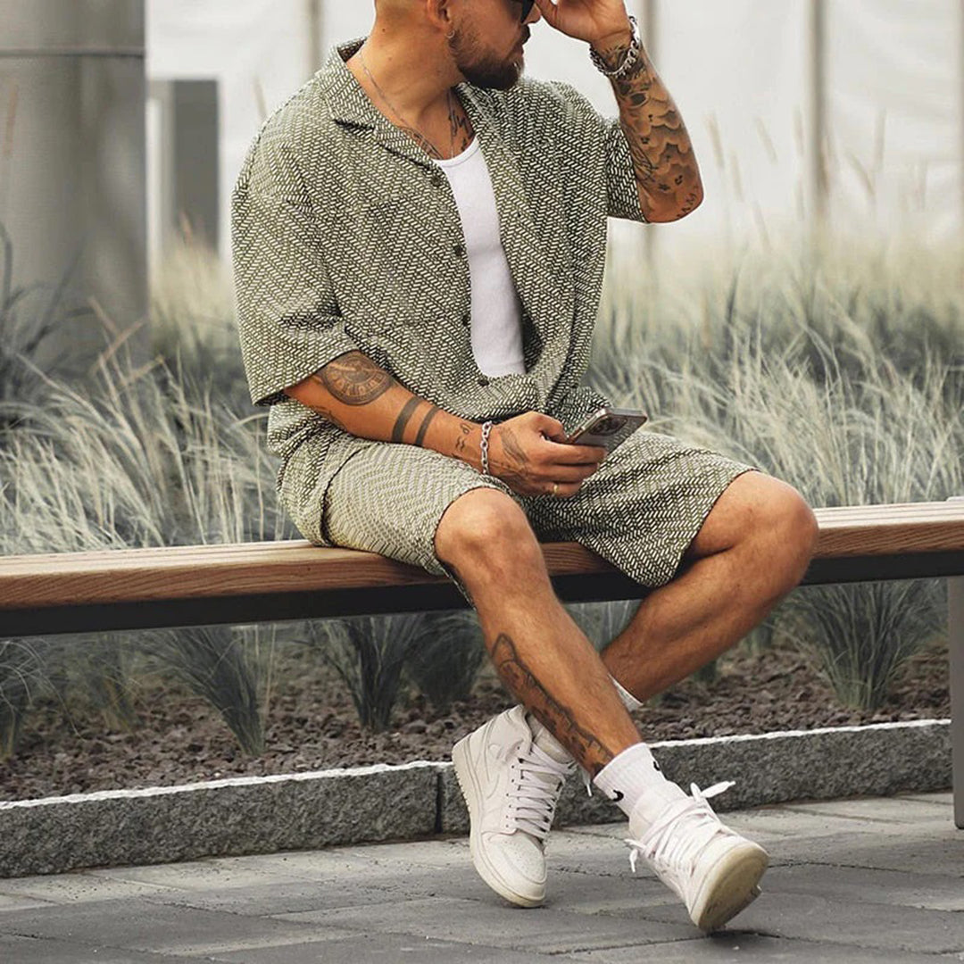 Men's Short Sets - Sage Green Textured Shirt and Shorts
