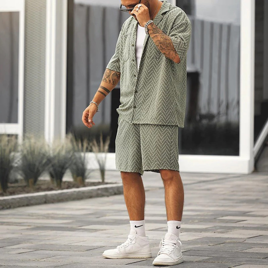 Men's Short Sets - Sage Green Textured Shirt and Shorts