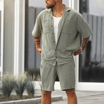 Men's Short Sets - Sage Green Textured Shirt and Shorts