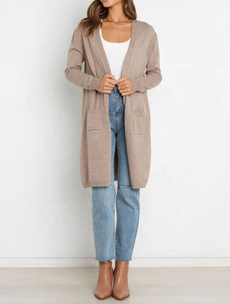 Women’s Longline Open Front Cardigan - Long Sleeve Knit with Pockets