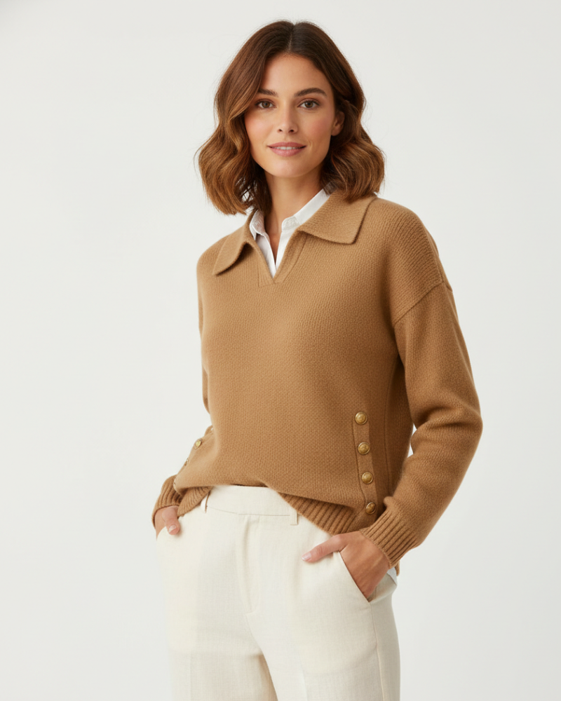 Women's Knit Sweater - Long Sleeve Polo Collar V-Neck with Gold Side Button Detail