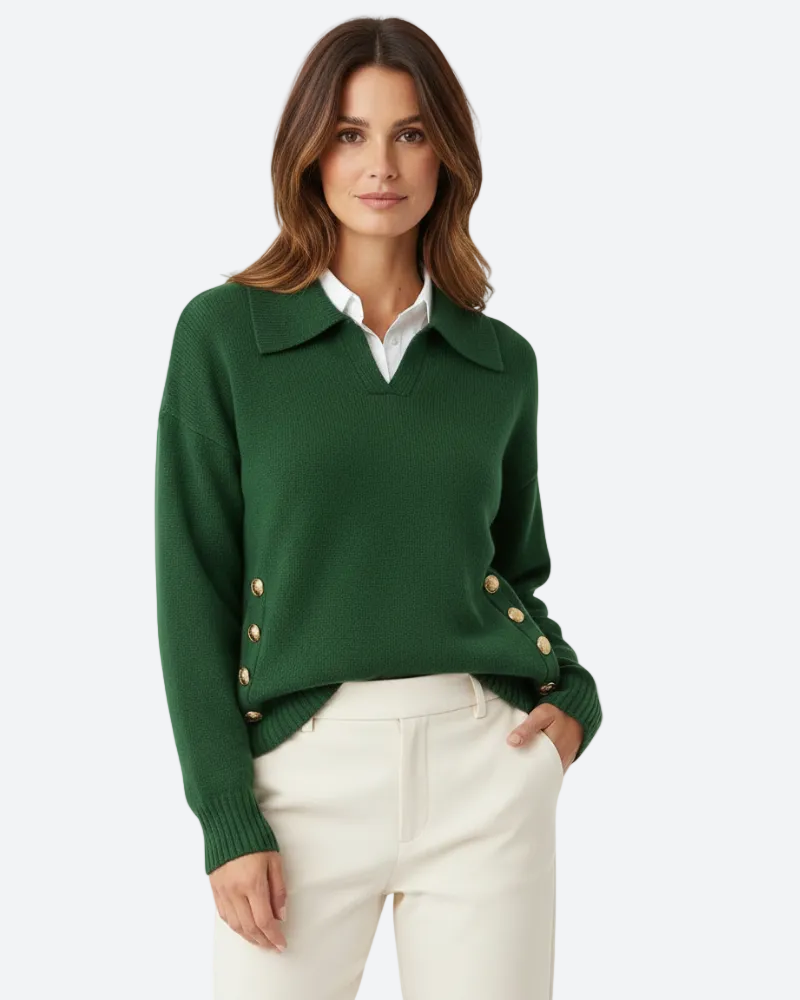 Women's Knit Sweater - Long Sleeve Polo Collar V-Neck with Gold Side Button Detail