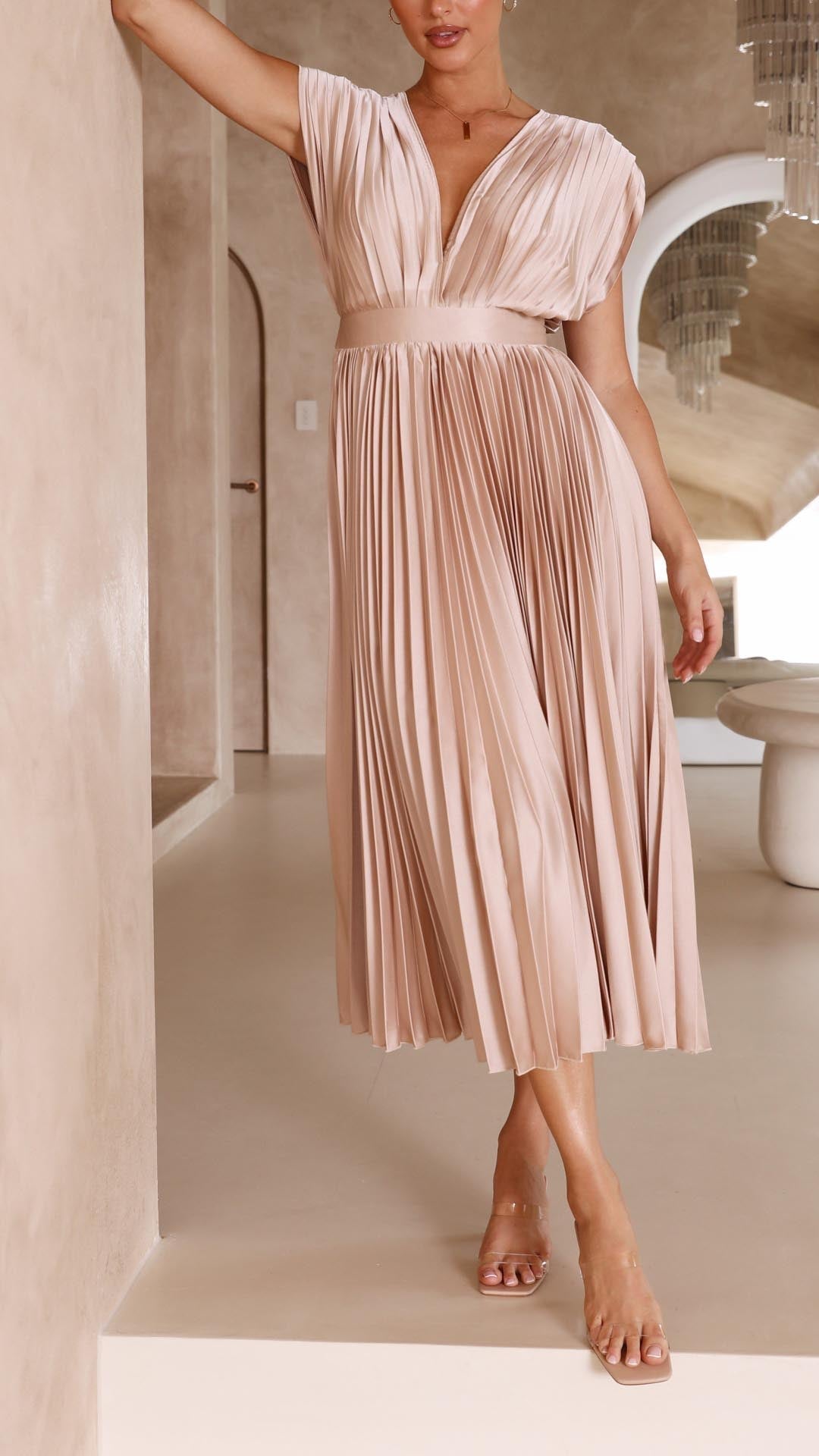 Women’s V-Neck Pleated Maxi Dress – Sleeveless Structured Waist Design