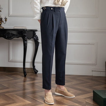 Men's Dress Pants - Pleated High Waist Side Buckle Tab Tapered