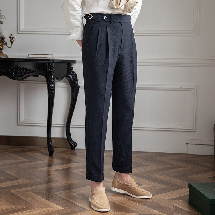 Men's Dress Pants - Pleated High Waist Side Buckle Tab Tapered