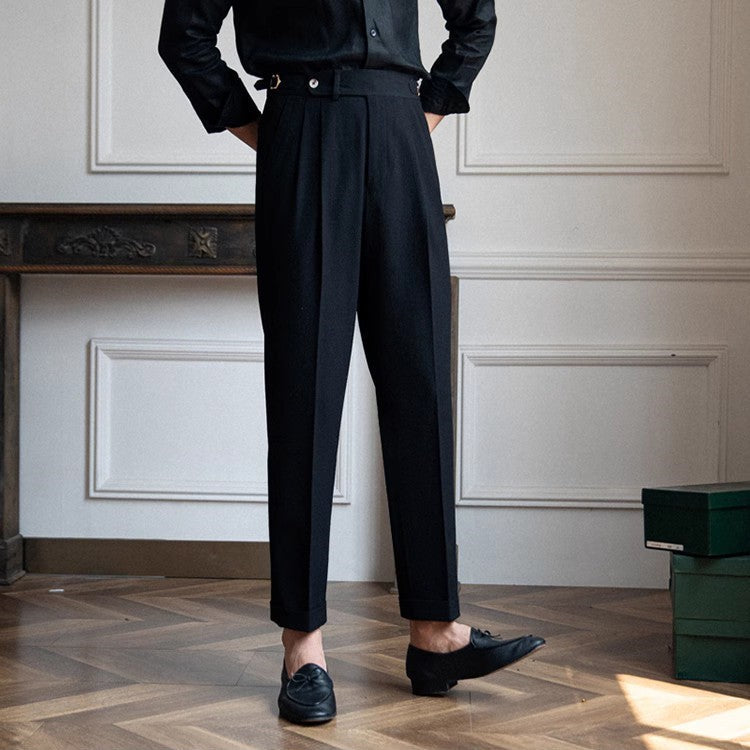 Men's Dress Pants - Pleated High Waist Side Buckle Tab Tapered