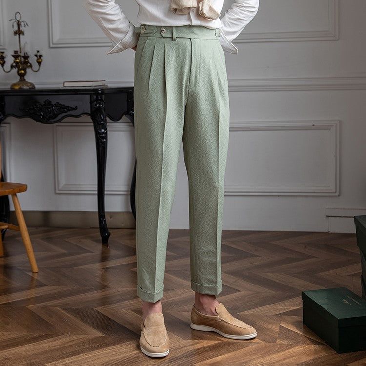 Men's Dress Pants - Pleated High Waist Side Buckle Tab Tapered