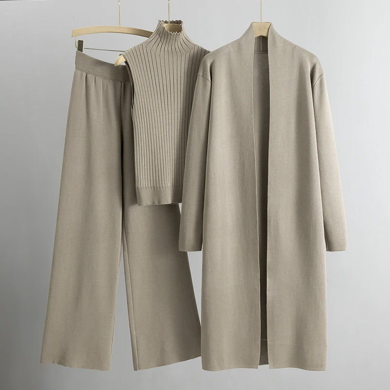 Women’s Three-Piece Knitted Set – Sleeveless Ribbed Jumper, Longline Cardigan and Wide-Leg Trousers