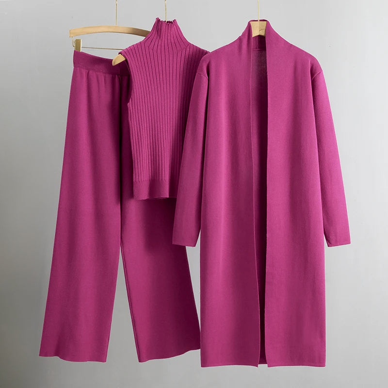 Women’s Three-Piece Knitted Set – Sleeveless Ribbed Jumper, Longline Cardigan and Wide-Leg Trousers